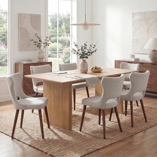 Wooden Dining Chairs Set of 6, Mid Century Dining Room Chairs with Solid Wood Legs, Upholstered Fabric Kitchen Chairs with Ergonomic Curved Backrest for Kitchen Dining Room, Camel - color: Camel, size: Set of 6
