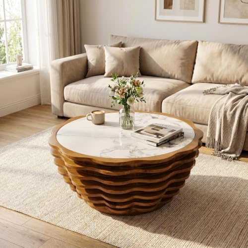 32.1" Flower-Shaped Coffee Table with Marble Top, Cafe Table | Round Center Table, Modern Stone Tea Table, Unique Marble Patterns, for Living Room, No Need Assembled - color: 32.1" Flower-shaped Coffee Table