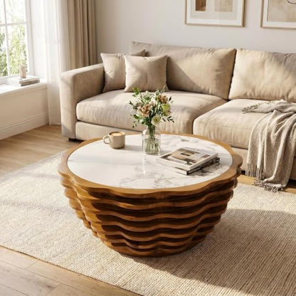 32.1" Flower-Shaped Coffee Table with Marble Top, Cafe Table | Round Center Table, Modern Stone Tea Table, Unique Marble Patterns, for Living Room, No Need Assembled - color: 32.1" Flower-shaped Coffee Table