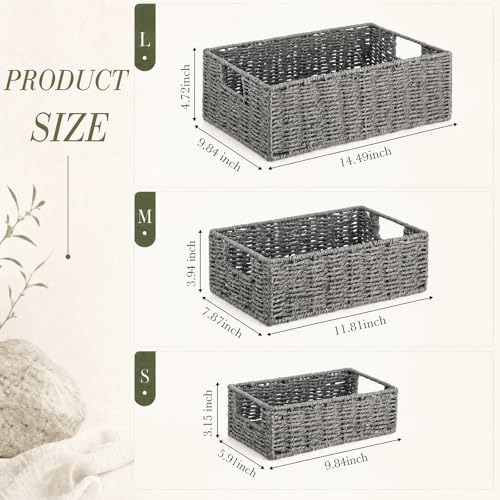 Set of 3 Wicker Storage Basket for Organizing Paper Rope Shelf Baskets Small Wicker Basket with Handles Nested Shelf Organizer Baskets for Closet and Pantry Shelves(Grey) - color: Grey
