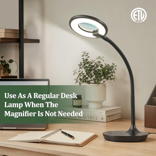 3X+6X Magnifying Glass with Light and Stand, Dimmable LED Magnifying Lamp | Flexible Gooseneck, Hands Free Magnifier, Magnification Lamp for Elderly Craft Hobby Painting Sewing Close Work,Weighted Base - color: Black