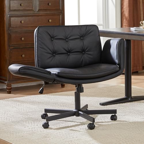 amseatec Criss Cross Office Chair, Swivel Makeup Vanity Chair with Wheels | Wide PU seat supports cross-legged, fidget-friendly sitting; 5-level armrests create pet space; wipe-clean finish eases care - color: Black