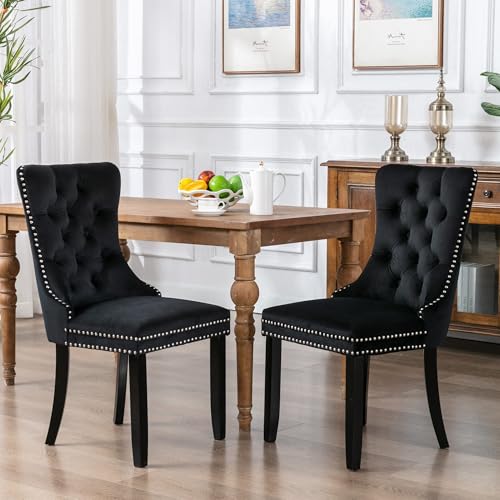 Virabit Velvet Dining Chairs, Tufted Upholstered Dining Chairs with Nailhead Back and Ring Pull Trim, Solid Wood Dining Chairs for Kitchen/Bedroom/Dining Room (Black, Set of 2) - color: Black, size: set of 2