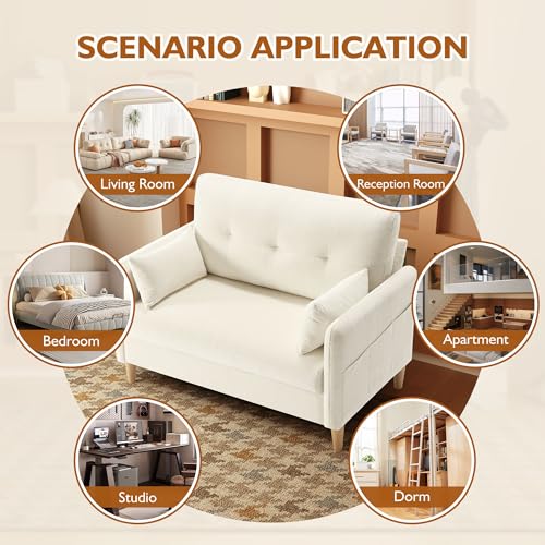 Urhanherry 47" Small Sofa Couch, Soft Chenille loveseat Mini Couch with Throw Pillow and Removable Cushion Cover for Small Spaces, Bedroom, Apartment, Dorm, Office, Living Room(Beige) - color: Beige