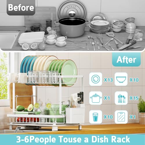 Multifunctional Dish Drying Rack - Rustproof, 2-Tier Dish Racks with Drainboard, Space-Saving Design, Utensil & Cup Holder for Kitchen Counter, White - color: White
