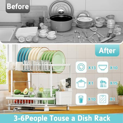 Multifunctional Dish Drying Rack - Rustproof, 2-Tier Dish Racks with Drainboard, Space-Saving Design, Utensil & Cup Holder for Kitchen Counter, White - color: White