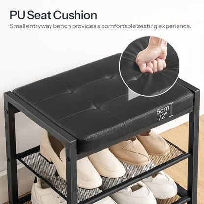 HOOBRO Small Shoe Bench, 3-Tier Shoe Rack, Shoe Storage Bench with PU Seat Cushion, Entryway Shoe Rack Bench with Metal Mesh Shelves, Freestanding Shoe Organizer for Hallway, Black BB33HX01 - color: Black