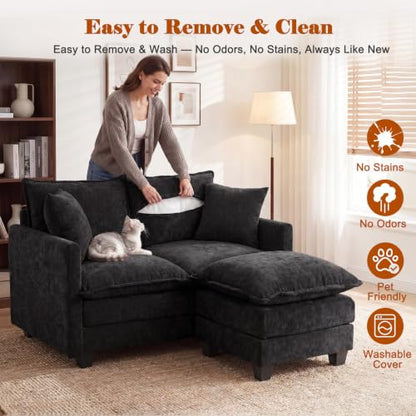50'' L-Shape Loveseat Sofa with 22" Ottoman, 2 Seat Modern Cloud Couch with 2 Washable Pillows for Small Space Apartment Office Living Room Bedroom, Black - color: Black, size: 50"L