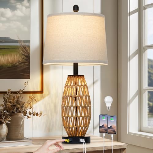 CINSARY 27" Boho Rattan Table Lamp with Night Light, Wicker Bedside Lamp with USB A+C Charging Port, Woven Coastal Bedroom Lamps for Nightstand, Tall Farmhouse Lamps for Living Room Single - color: Rattan-1P