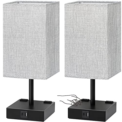 Bedside Table Lamps Set of 2 - Touch Nightstand Lamp for Bedroom with USB C+A Charging Ports & AC Outlets, 3-Way Dimmable Desk Lamp Grey Fabric Shade for Bedroom Living Room, Office(Bulb Included) - color: Gray