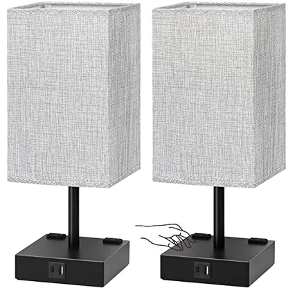 Bedside Table Lamps Set of 2 - Touch Nightstand Lamp for Bedroom with USB C+A Charging Ports & AC Outlets, 3-Way Dimmable Desk Lamp Grey Fabric Shade for Bedroom Living Room, Office(Bulb Included) - color: Gray