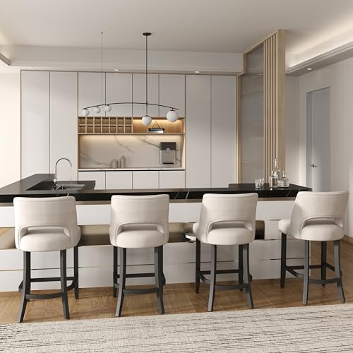 VKNOW Bar Stools Set of 4, 26" Upholstered Counter Height Bar Stools | Modern Counter Stools with Black Rubberwood Legs for Kitchen Island Dining Room Bar, Beige-Black Legs - color: Beige-black Legs, size: Set of 4