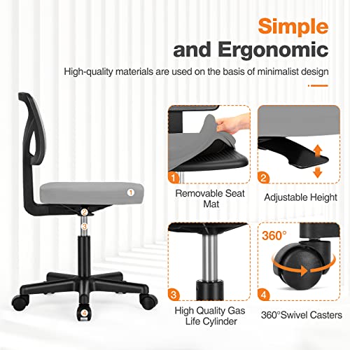 Sweetcrispy Small Armless Desk Chair, Mesh Rolling Office Chairs | Adjustable Ergonomic Lumbar Support, Low-Back, Swivel Wheels, Home Work, Bedroom, Study, Student, Adults, Grey - color: Grey