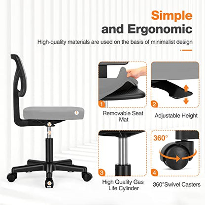 Sweetcrispy Small Armless Desk Chair, Mesh Rolling Office Chairs | Adjustable Ergonomic Lumbar Support, Low-Back, Swivel Wheels, Home Work, Bedroom, Study, Student, Adults, Grey - color: Grey