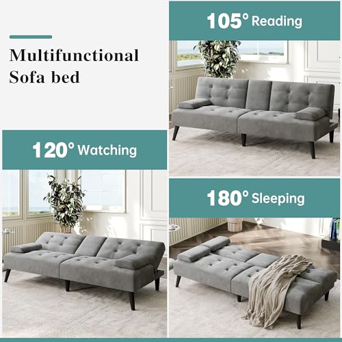 64" Futon Sofa Bed, Convertible Loveseat with 2 Cup Holders, Small Couch with 3 Adjustable Angles， Removable Armrests, Sleeper Sofa for Small Space, Dark Grey - color: Dark Grey