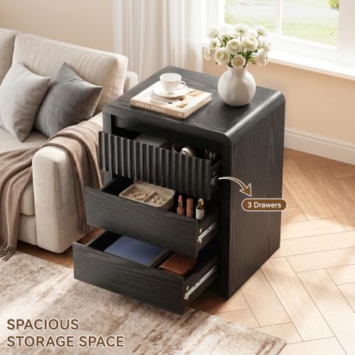LYNSOM Fluted Nightstand Set of 2, Wood End Table with 3 Drawer, Black | Mid Century Modern Night Stand with Stoarge, Bedside Table with Curved Profile Design for Living Room, Office, 20" W - color: Black, size: 3 Drawers