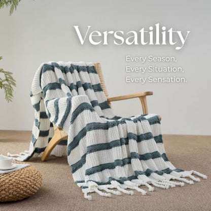 Boho Knitted Chenille Blanket with Tassels - Lightweight & Soft All-Season Throw - 3D Classic Pattern for Living Room Bedroom Couch, Celestial Blue(Striped), Queen 90"x90" - color: Celestial Blue(striped), size: Queen
