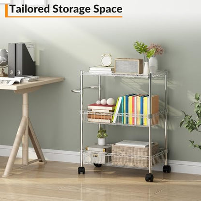 Chrome 3 Tier Rolling Storage Cart, Metal Wire Kitchen Cart with Baskets & Handle, Utility Trolley on Wheels for Kitchen, Bathroom, Laundry, Pantry & Office - color: Sliver