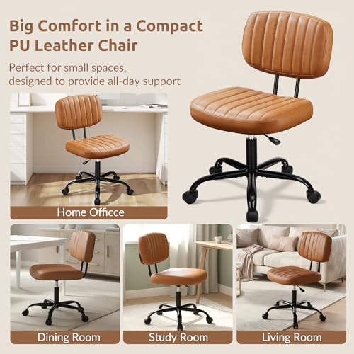 Swivel Rolling Office Chair, Armless Pu Leather Vanity Chair with Back Lumbar Support Height Adjustable Computer Chair, Small Desk Chair for Home Office, Brown - color: Brown