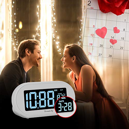 DreamSky Alarm Clocks for Bedrooms, Auto Set Digital Clock with Date & Temp | Electric Desk Clock with Dimmable Brightness Dimmer for Bedside Nightstand, Auto DST, USB Port, Temperature, Snooze - color: White