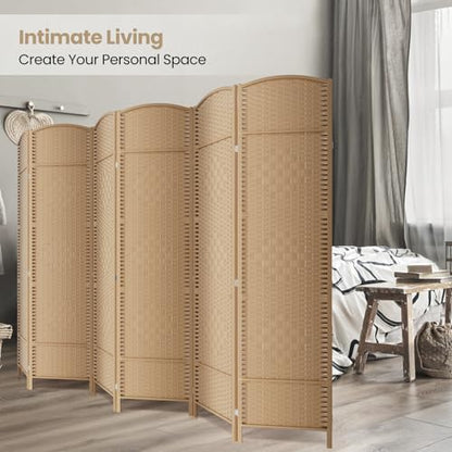 6 Panel Folding Room Divider,Woven Privacy Screen,Light Beige | Solid wood frame, handcrafted diamond pattern, 6FT tall, extends to 94.5 inches wide, no assembly required - color: Light Beige, size: 6-Panel