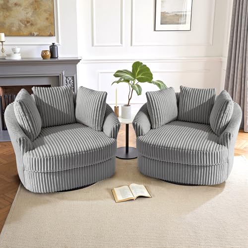Faux Fur Swivel Accent Chairs Set of 2, Oversized Barrel Chair, Gray | 43"W Living Room Arm Chair with 360° Swivel Metal Base, Comfy Upholstered Single Sofa Reading Seat | 40"D x 43"W x 31"H - color: Grey, size: 2SEAT