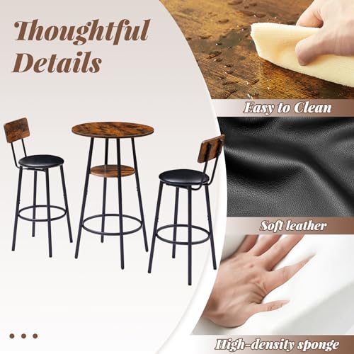 23.62” Diameter Round Bar Table Set for 2 with Storage Shelf, Counter Height Pub Table and Upholstered Bar Stools with Backrest, Small Round Kitchen Table for Small Spaces, Breakfast Nook Dining Table - color: Rustic Brown, style: Round w/ Upholstered Sto