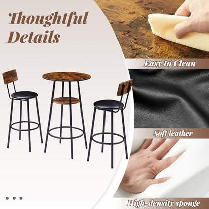 23.62” Diameter Round Bar Table Set for 2 with Storage Shelf, Counter Height Pub Table and Upholstered Bar Stools with Backrest, Small Round Kitchen Table for Small Spaces, Breakfast Nook Dining Table - color: Rustic Brown, style: Round w/ Upholstered Sto