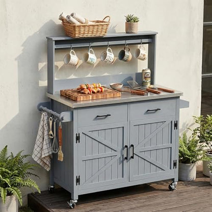 54.1" Outdoor Kitchen Island with High Shelf, Stainless Steel Top & Lockable Wheels, Solid Wood Grill Cart for BBQ, Potting Bench with Storage Cabinet & Adjustable Shelves (54.1" Grey Blue) - color: 54.1" Grey Blue