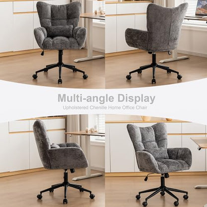 Home Office Desk Chair, Modern Tufted Chenille Vanity Chair, Adjustable Upholstered Swivel Computer Chairs for Bedroom, Living Room，Grey - color: Grey
