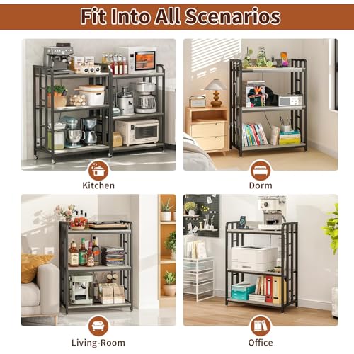 Baker's Rack with Power Outlet, 3-Tier Adjustable Microwave Cart, Greige | Microwave Stand with Storage, Spice Rack，Locking Wheels, Coffee Station for Kitchen，Living Room，Coffee Bar，Office - color: Greige