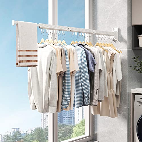 Wall Mounted Foldable Clothes Drying Rack, Heavy Duty 3-Fold Laundry Airer with Ring Hook Design, Space Saving Aluminum Rack for Balcony Bathroom Laundry Room,White Rings - style: White-Rings