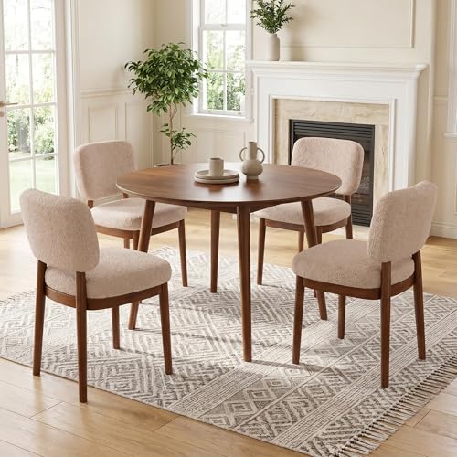 Wooden Dining Chairs Set of 4, Boucle Upholstered Kitchen Chairs with Solid Wood Legs, Mid Century Modern Dining Chairs, Farmhouse Side Chair with Hardwood Frame for Dining Room, Khaki - color: Khaki, size: Set of 4