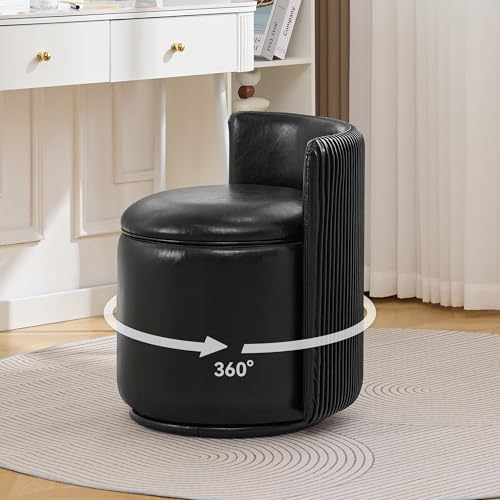 WUTUTUEE Leather Vanity Chair with Storage, 360° Swivel Makeup Chair with Pleated Back, No Assembly Small PU Accent Stool for Bedroom, Dressing Room, Living Room, Black - color: Black-pu, size: Regular