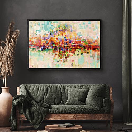 SIGNWIN Framed Canvas Wall Art Bright neon Color Buildings Block with Reflection Places Cityscape Oil Painting Abstract Modern Panoramic Colorful for Living Room, Bedroom, Office - 16"x24" Black - color: B10-2103-spl24, size: 24"L x 16"W