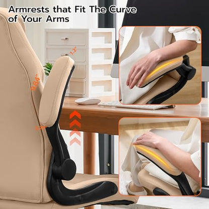 Ylzyxal Office Desk Chair, Ergonomic Computer Chair with Padded Flip-Up Arms and Adjustable Lumbar Support, PU Leather Executive Chair with Tilt Lock and 360° Swivel Rolling Wheels for Work, Study - color: Beige