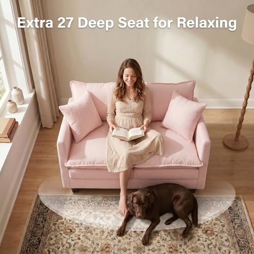 50" Love Seat, Small Cloud Sofa Couch with 2-Layer Cushion & 27" Deep Seat, 2 Pillows for Small Spaces, Bedroom, Apartment, Office, Living Room, in a Box, Pink - color: Pink, size: Loveseat
