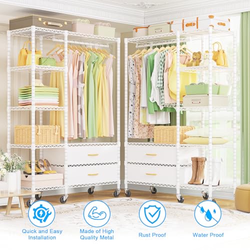 F3R Heavy Duty Clothes Rack（With Lockable Wheels）Freestanding Clothing Racks for Hanging Clothes，Adjustable Closet Organizer System，Portable Garment Rack 40"W x 15"D x 74"H，Max Load 700LBS，White - color: White, style: Rolling