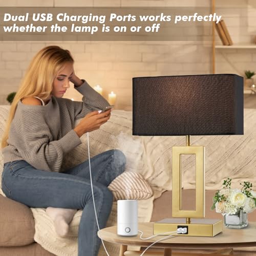 gernehop Black Table Lamps Set of 2 with Dual USB Ports,3-Way Dimmable Touch Control Bedside Lamps,Modern Bedroom Table Lamp for Living Room,Nightstand LED Bulbs Included - color: 16inchBlack&Gold