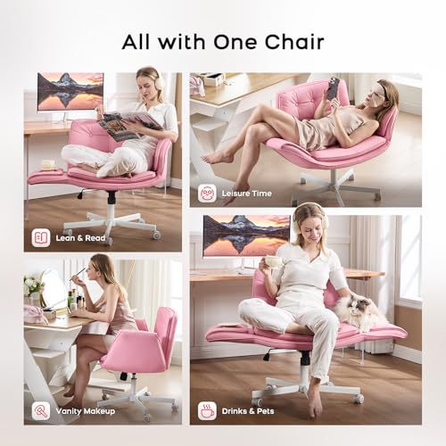amseatec Criss Cross Office Chair, Swivel Makeup Vanity Chair with Wheels | Wide PU seat supports cross-legged, fidget-friendly sitting; 5-level armrests create pet space; wipe-clean finish eases care - color: Pink