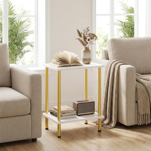 HOOBRO End Table, Small Side Table, Nightstand with 2-Layer Storage Shelves, Sofa Table for Small Spaces, Living Room, Bedroom, Stable Frame, Easy Assembly, White and Gold DW09BZ01 - color: White + Gold