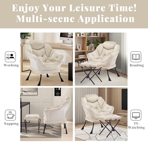 Lazy Chair with Ottoman, Comfy Reading Chair, Beige | Cushioned Seat with Foldable Ottoman and Side Pocket, Lounge Chair for Bedroom, Living Room, Dorm and Small Spaces - color: Cream