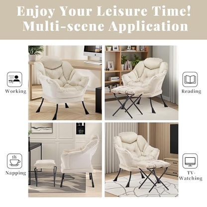 Lazy Chair with Ottoman, Comfy Reading Chair, Beige | Cushioned Seat with Foldable Ottoman and Side Pocket, Lounge Chair for Bedroom, Living Room, Dorm and Small Spaces - color: Cream