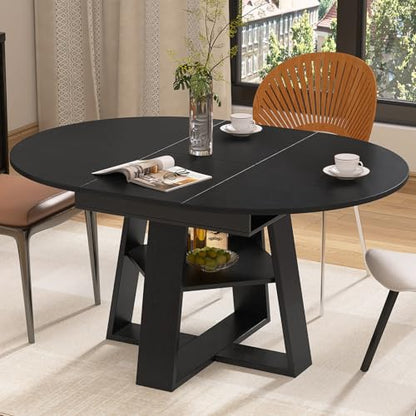 Modern Round Dining Table for 4-8, 43-59" Extendable Oval Dining Table with Leaf, Kitchen Table with Storage Shelf & Wood Cross Base, Circle Tables for Living Room Kitchen, Space Saving (Black) - color: Black