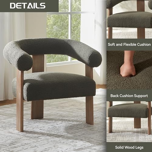 VKNOW Barrel Accent Chair, Vanity Chair with Armrests and Rubberwood Legs | Mid Century Modern Upholstered Living Room Chairs with Open Back, Sherpa Fabric, arm chair for Living Room, Bedroom, Green - color: Green, size: Set of 1