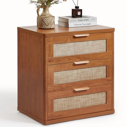 LEYAOYAO Rattan 23" Nightstands with Drawers for Bedroom | Gold Metal Handle, Storage Shelf, Brown Night Stand, Boho Bedside Table, Bed Side End Tables Living Room, Hallway - color: Tea Brown, size: 3 Drawers