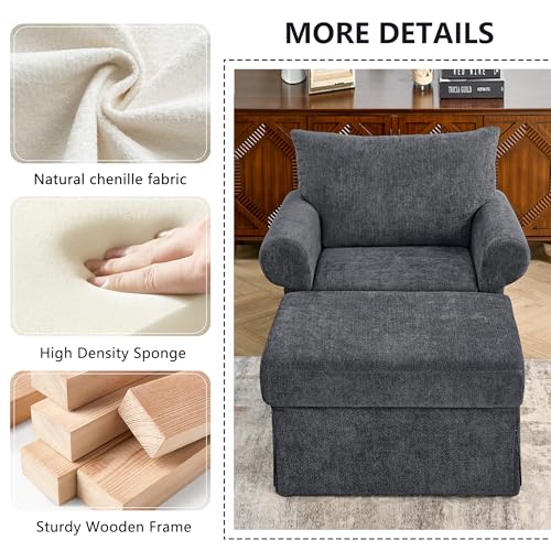 Eafurn Modern Chenille Accent Chair with Ottoman for Small Space, Comfy Upholstered Reading Chairs Lounge Armchair with Foot Rest, Sturdy Solid Wood Frame for Living Room - color: Gray 37.5"