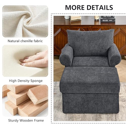 Eafurn Modern Chenille Accent Chair with Ottoman for Small Space, Comfy Upholstered Reading Chairs Lounge Armchair with Foot Rest, Sturdy Solid Wood Frame for Living Room - color: Gray 37.5"