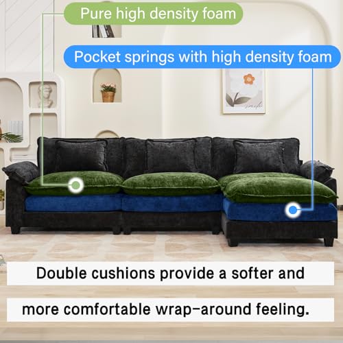 120" Modular Sectional Sofa, Comfy Deep Cloud Couch with Ottoman | L-Shaped Couches for Living Room, Modular Couch, Deep and Wide Seat, Chenille Sofa Sleeper with Throw Pillows, Black - color: Black, size: 120 Inch L