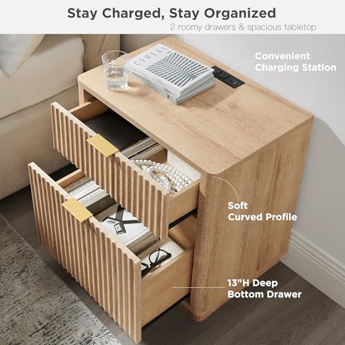 T4TREAM 23'' Fluted Nightstand with Charging Station, Modern, Natural Oak | Large 2 Drawer, Curved Profile, Mid-Century, Bedside Table with Storage, End Table for Living Room, Bedroom, Side Table - color: Natural Oak